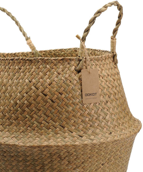 DOKOT Seagrass Plant Basket with Handles, Round Storage Wicker Basket (10.6inch Diameter x 12.5inch Height, Natural)