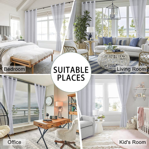Hiasan Grey Sheer Curtains for Bedroom with Tiebacks, Light Filtering Semi Transparent Airy Voile Grommet Window Curtains for Living Room, Kids' Room, Nursery, W52 x L54, 2 Drape Panels