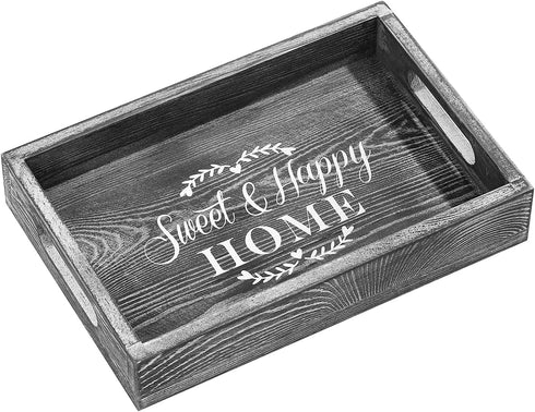 Shinowa Rustic Wood Serving Tray with Handles Rectangular Wooden Tray Platter for Breakfast in Bed, Appetizers,Coffee Table, Ottoman, Party, Food Serving, Home D©cor, Medium Size - Gray