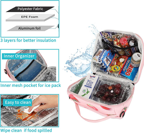 Sunny Bird Small Insulated Lunch Bag Portable Lunch Box Tote for Work and School (Strawberry pink)