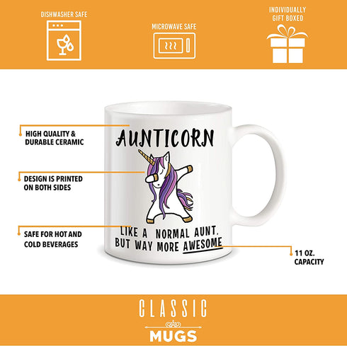 CLASSIC MUGS Aunticorn Funny Aunt Coffee Mug Best Mother's Day Gift for Aunty Aunties Siblings Sisters from Niece Nephew Sister Uncle Mom Dad Novelty Gag Gift for Christmas Birthday Mug Tea Cup