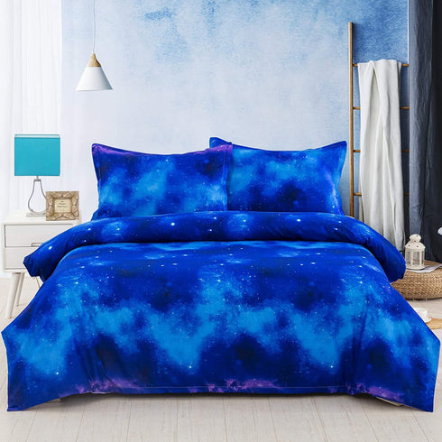 Galaxy Duvet Cover Queen Size, Blue Purple Reversible Duvet Cover Set Galaxy Star Comforter Cover with 2 Pillow Cases Breathable Microfiber Bedding Set for All Season 90"x90"