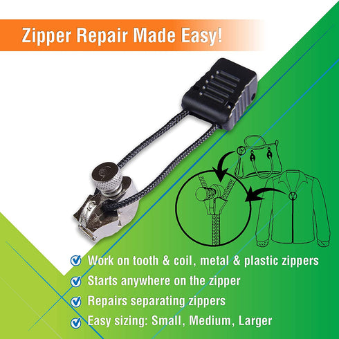 FixnZip 3 Pack (Large, Black Nickel) - See Size Guide - Universal Zipper Repair Kit for Jackets, Luggage, Bags - Backpack Zipper Replacement Repair Kit - Instant Zipper Fix - Made in the USA