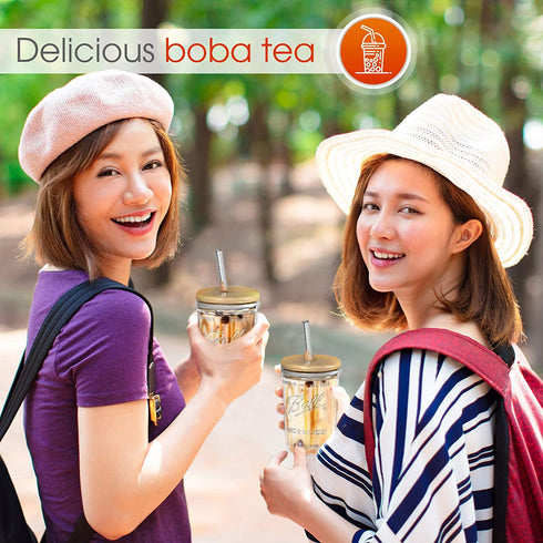 Reusable Boba Bubble Tea & Smoothie Cups - 2 Glass Wide Mouth 16oz Ball Mason Jars with Bamboo Lids - 2 Reusable Silver Stainless Steel Boba Straws Brand Capsule Classic