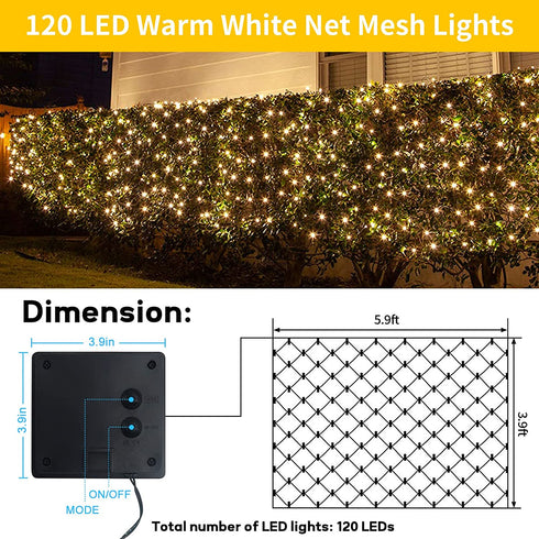 Solar LED Net Lights, 5.9Ft x 3.9Ft 120 LED Mesh Lights with 8 Modes, IP65 Waterproof Fairy Fence Lights for Outdoor Fence Garden Backyard Wedding Party (Warm White)