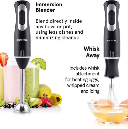 Gourmia GHB2360 12 Speed Illuminating Immersion Hand Blender with Turbo Mode - Comfortable Ergonomic Handle - Whisk Attachment Included - Integrated LED Spotlight - 300 Watt Motor - Black