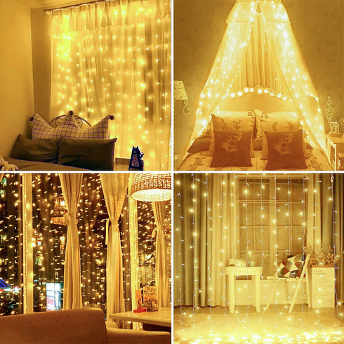 Ollny Curtain Lights LED Curtain Fairy Lights Outdoor, 6.6FT 8 Lighting Modes Window Wall Hanging String Lights Warm White with USB and Remote for Christmas Indoor Bedroom Wedding Party Easter Garden