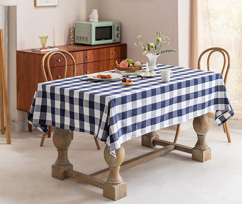 Wracra Checkered Tablecloth Cotton Linen Buffalo Plaid Rectangle Table Cloth Washable Wrinkle Free Anti-Fading Outdoor & Indoor Dining Table Cover, Navy Blue, 55 × 71 Inch
