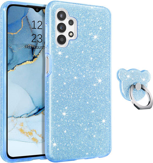 GUAGUA Compatible with Samsung Galaxy A32 Case 5G Glitter Sparkle Bling Shiny Hybrid Cover for Girls Women with Extra Finger Ring Kickstand Shockproof Protective Phone Case for Samsung A32 Blue