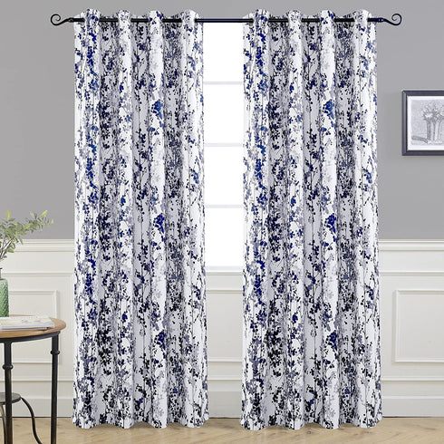 DriftAway Leah Abstract Floral Blossom Ink Painting Room Darkening Thermal Insulated Grommet Unlined Window Curtains 2 Panels Each Size 52 Inch by 84 Inch Navy Silver Gray