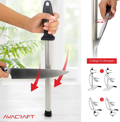 AVACRAFT 12 inch Knife Sharpener Rod, Diamond Steel Knife Honing Steel, Premium Knife Sharpening Steel, Oval shaped Honer, Ergonomic Handle for Firm Grip