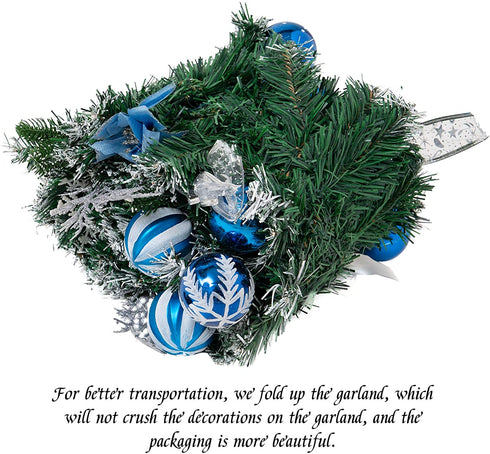 FUNARTY 6 Feet Christmas Garland with 30 Lights, Battery Operated Lighted Garland, Artificial Prelit Christmas Garlands with Blue and Silver Ornaments for Mantle Xmas Holiday Fireplace Decoration
