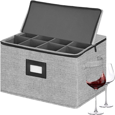 Stemware Storage Box,China Storage Containers Chest Boxes Holds 12 Wine Glass or Crystal Glassware with Lable Window and Handles,Hard Shell and Stackable (Grey)