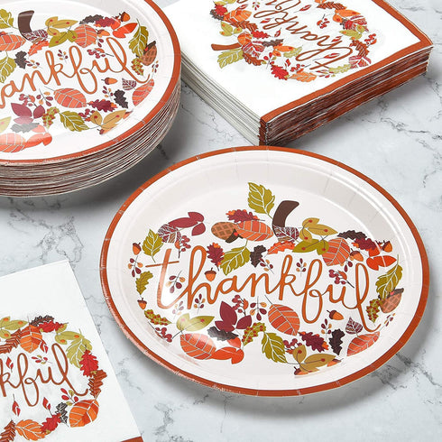 HAIL Thanksgiving Paper Plates Set, Thanksgiving Disposable Dinnerware Set for 10 Guests includes 10 9In Dinner Plates10 7In Dessert Plates and 10 Set Wooden Cutlery -Happy Harvest and Give Thanks