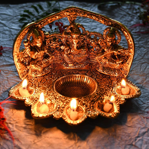 NOBILITY Laxmi Ganesha Saraswati Idol Diya Oil Deepak - Metal Lakshmi Ganesha Showpiece Statue - Traditional Diya for Diwali Puja - Diwali Home Decoration Items Gift