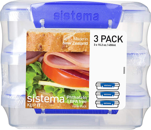Sistema KLIP IT Collection Sandwich Box 1.9 Cup Compact Food Storage Container, 3 Pack, Clear/Blue & Lunch Collection Food Storage Containers, 1.6 Cup, 3 Pack, Blue/Green/Pink | Great for Meal Prep