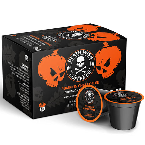 DEATH WISH COFFEE - Organic Pumpkin Spice Dark Roast Coffee Single Serve - Extra Kick of Caffeine, Fair Trade, Arabica, Chai, Cardamom, Cinnamon, and Ginger Infused Spices (Pumpkin Chai, 10 Count)