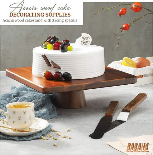 RABAHA Wooden Cake Stand Acacia 12 inch Square Cake Stand with 2 Icing Spatulas - Wedding and Birthday Cake Pedestal - 100% Natural Wood for Use at Parties, Restaurants (Acacia Wood)