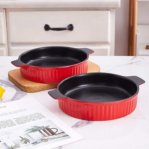 Bruntmor Set Of 2 Modern Ceramic Pie Pan, 8" Tart Pan Round Pie Plate Baking Dish 2" Deep, Elagent Ribbed Design, Red