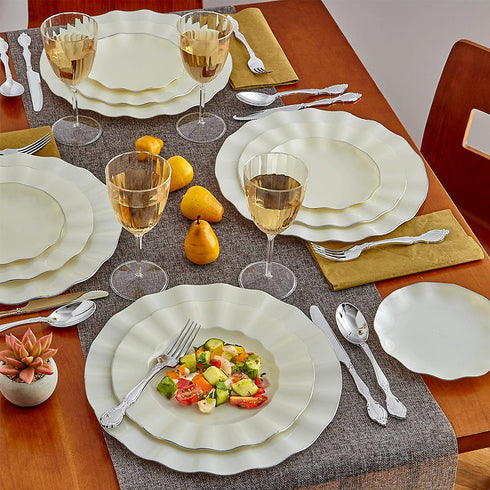 PARTY DISPOSABLE 30 PC DINNERWARE SET | 10 Dinner Plates | 10 Salad Plates | 10 Dessert Plates | Heavyweight Plastic Dishes | Fine China Look | Upscale Wedding and Dining (Veil Collection - Ivory)