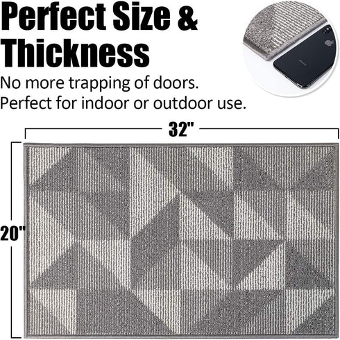 Indoor Doormat 20"x 32", Absorbent Front Back Door Mat Floor Mats, Rubber Backing Non Slip Door Mats Inside Mud Dirt Trapper Entrance Front Door Rug Carpet, Machine Washable Low Profile-Grey Geome