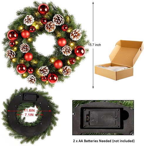 Lulu Home Christmas Front Door Wreath, 15.7" Pre-lit Wreath with Christmas Balls and Pine Cone, Battery Operated 40 LED Light Up Xmas Wreath Decorative Hanging Ornament