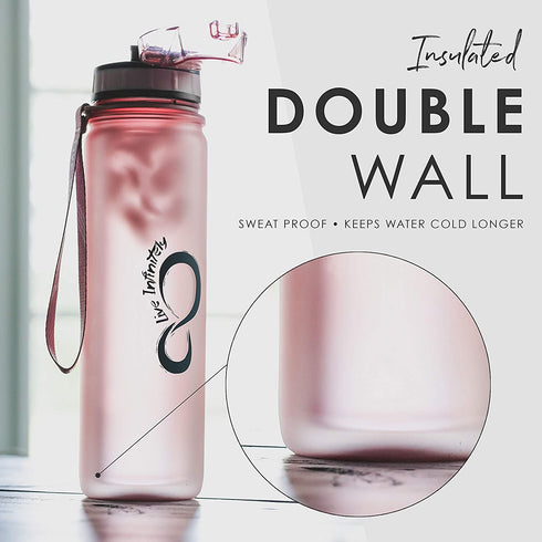 Live Infinitely 24 oz Water Bottle with Time Marker - Insulated Measured Water Tracker Screen - BPA Free Gym Water Bottle - Locking Flip Top Lid, Rubberized (Rose, 24oz)