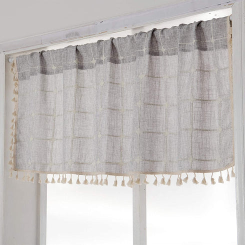 YoKii Boho Tassel Valances for Windows Modern Farmhouse Cotton Linen Valance Kitchen Curtains Topper Country Gingham Window Treatments Tier Curtain for Bathroom Bedroom Decors (W52 x L18, Gray)