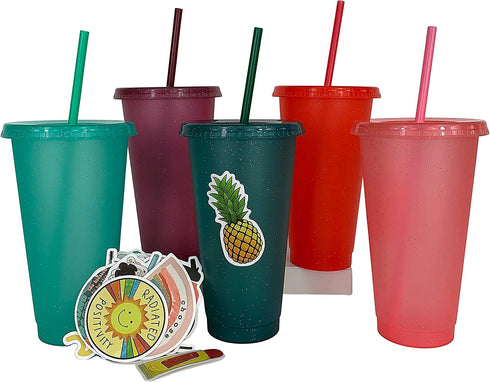 Crazy Chicken Lady Glitter Cups - Large Reusable Cold Tumblers with Lids & Straws | 5-Pack 24oz | Customizable DIY Gifts, Includes Vinyl Decals Sticker Set.
