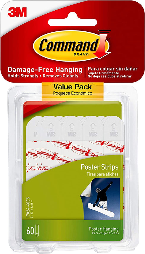 Command Poster Strips, Damage Free Hanging Poster Hangers, No Tools Wall Hanging Strips for Posters, 60 White Command Adhesive Strips