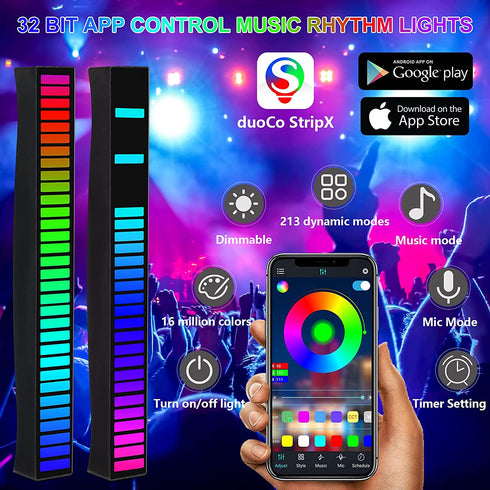 Rhythm Light Bar, RGB Sound Control Music Rhythm Lights, App Control 32 Bit Music Level LED Lights, USB & Battery Powered Voice Activated Atmosphere Light for Car Game Room Desktop DJ Studio (2 Packs)