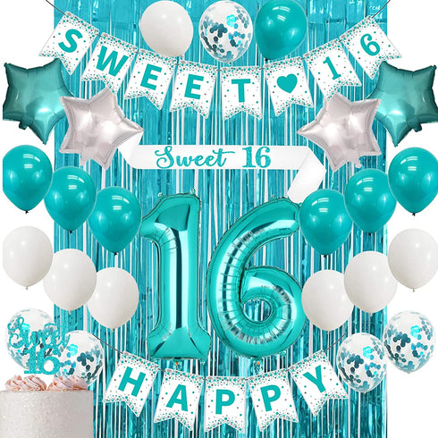 Sweet 16 Birthday Decorations,Teal 16th Birthday Decorations for Girls -Sweet 16 Birthday Banner, 16 Teal Blue Balloons,Sweet 16 Birthday Sash and Caketopper,Turquoise Blue Metalic Tinsel Party Photo Backdrop Curtains