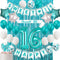Sweet 16 Birthday Decorations,Teal 16th Birthday Decorations for Girls -Sweet 16 Birthday Banner, 16 Teal Blue Balloons,Sweet 16 Birthday Sash and Caketopper,Turquoise Blue Metalic Tinsel Party Photo Backdrop Curtains