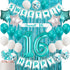 Sweet 16 Birthday Decorations,Teal 16th Birthday Decorations for Girls -Sweet 16 Birthday Banner, 16 Teal Blue Balloons,Sweet 16 Birthday Sash and Caketopper,Turquoise Blue Metalic Tinsel Party Photo Backdrop Curtains