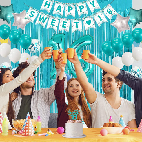 Sweet 16 Birthday Decorations,Teal 16th Birthday Decorations for Girls -Sweet 16 Birthday Banner, 16 Teal Blue Balloons,Sweet 16 Birthday Sash and Caketopper,Turquoise Blue Metalic Tinsel Party Photo Backdrop Curtains