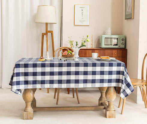 Wracra Checkered Tablecloth Cotton Linen Buffalo Plaid Rectangle Table Cloth Washable Wrinkle Free Anti-Fading Outdoor & Indoor Dining Table Cover, Navy Blue, 55 × 71 Inch