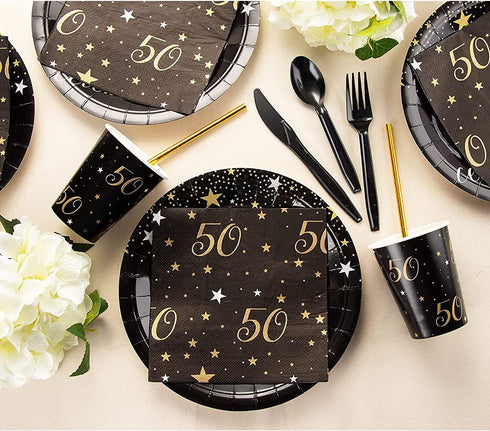 144 Pieces 50th Birthday Party Bundle, Includes Plates, Napkins, Cups, and Cutlery (24 Guests)