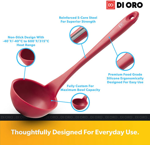 New DI ORO Seamless Series Silicone Kitchen Soup Ladle 600°F Heat-Resistant Serving and Rubber Cooking Spoon Maximum Bowl Capacity Dishwasher Safe with a Heavy-Duty Stainless-Steel Core (Red)