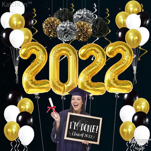 Gold 2022 Balloons Numbers Set - 40 Inch, Pompoms and Hanging Swirls | Black and Gold Graduation Decorations 2022 | Graduation Party Decorations 2022 | Class of 2022 Decorations, Graduation Balloons