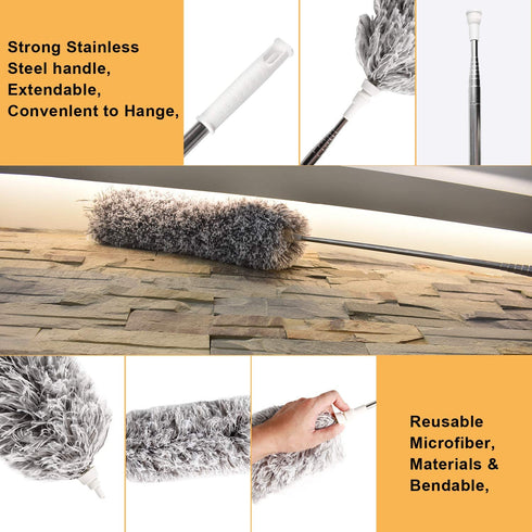 AINAAN 33"-100" Ceiling Fan with Stainless Steel Extension Long Extendable Pole Washable Bendable for Cleaning, High Cobweb Wall Dusting Wet, Interior Roof