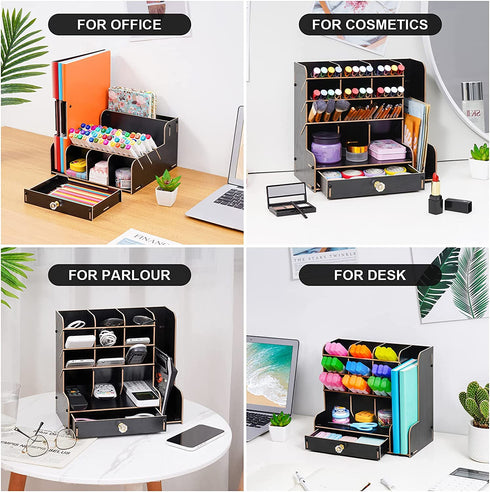 Marbrasse Upgraded Wooden Pencil Organizer, Multi-Functional Pencil Holder with Bookend + Drawer, DIY Art Supply Organizer, Easy Assembly Desktop Organizer Storage (Black)