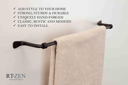 RTZEN Elegant Bathroom Hand Towel Holder - Fancy Wrought Iron Kitchen Towel Bar Wall Mount Rod - Matte Black Towel Hanger for Home Kitchen or Office - 13" Rack Fits 10" Hand Towels (Small)