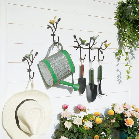 SOFFEE DESIGN 2 Packs Coat Hooks Wall-Mounted Hanging Metal Rack, Heavy Duty Tree Branch & Birds Key Holder, Vintage Farmhouse Coat Hooks for Towels, Hats, Scarves - Green
