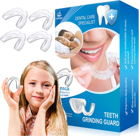 Kids Mouth Guard for Grinding Teeth, Pack of 4 Night sleep Teeth Guards, Eliminates TMJ & Teeth Clenching, Stops Bruxism, Teeth Whitening Tray , Sport Athletic Mouth Guard (kid Size only fit for kids)