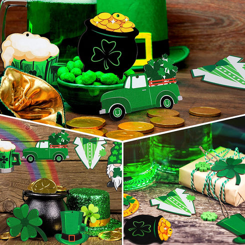 Yalikop 24 Pieces St Patricks Decorations Shamrock Wooden Ornaments Wood St Patricks Tree Hanging Ornaments Gnome Wooden Ornament for Irish Lucky Day St. Patrick's Day Party Favors (Lovely Style)