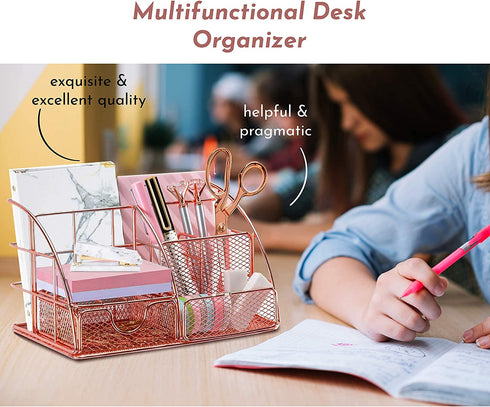 Rose Gold Desk Supplies Organizer, Multi-functional Mesh Desk Organizer with 6 Compartments & Desk Drawer Organizer for Office Supplies and Desk Accessories