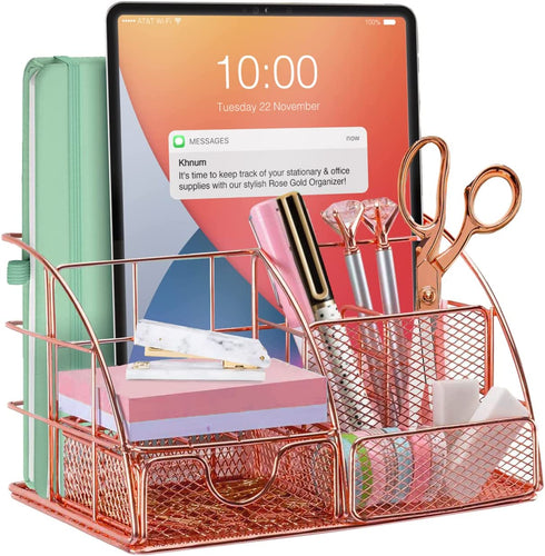 Rose Gold Desk Supplies Organizer, Multi-functional Mesh Desk Organizer with 6 Compartments & Desk Drawer Organizer for Office Supplies and Desk Accessories