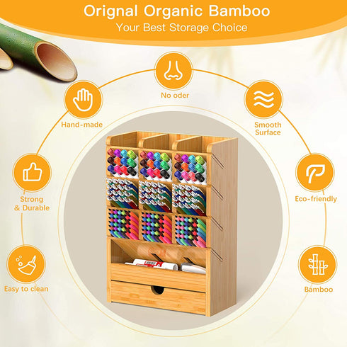 Bamboo Pen Organizer for Desk Pencil Wooden Multi-Functional Stationary Holder with 14 Compartments for Home Office Art Supply by FURNINXS