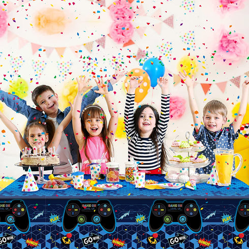 Video Game Table Cover Blue Video Game Birthday Decoration Game Theme Plastic Table Cloth Party Supplies for Boys Girls Kids Player Geek Party Decorations, 54 x 108 Inches (1 Piece)