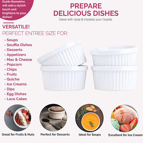 Souffle Dish Ramekins for Baking 12 Ounce (Set of 4, White with 4 Extra Spoons) 12 Oz Ceramic Oven Safe Round Fluted Ramekin Bowl for Desserts Soups Snacks Quiche Appetizers Casserole Creme Brulee